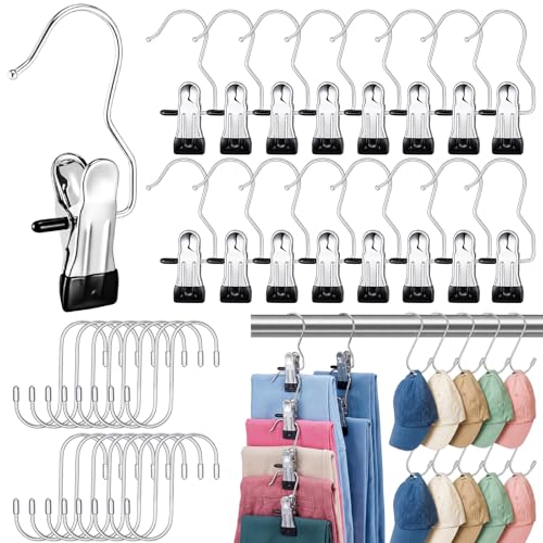 Moxweyeni 32 Pcs Hook 16 Boot Hanger Clips 16 S Hooks Non Slip Rubber Laundry Hanging Hooks Clothes Pins for Closet Organizer Bulk Hanger Clips for Travel Pants Socks Jeans Towels Handbags