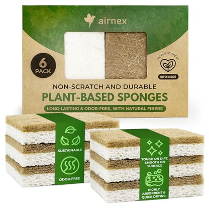 AIRNEX Biodegradable Natural Kitchen Sponges Pack of 6 - Cellulose and Coconut Walnut Scrubber Sponge - Eco Friendly Sponges for Dishes - size: 6 Pack