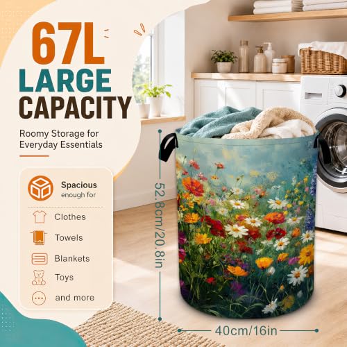 Flower Field Laundry Basket,Vintage Oil Painting Foldable Oxford Laundry Hamper with Handles,Collapsible Clothes Storage Basket for Bedroom,Bathroom,or Laundry Room, 20.8 x 16 Inches - color: Flower Field Vintage Oil Painting