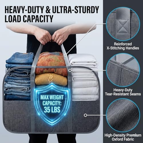 150L Collapsible Laundry Basket, 3-Compartment Hamper, Grey