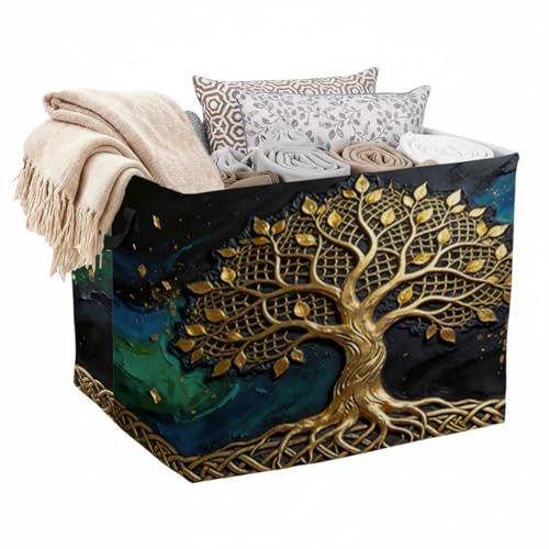 Golden Life Tree Foldable Laundry Basket Hamper with Handles, 56L Large Capacity Toy Storage Organizer, Collapsible Clothes Hamper for Home Decor and Bedroom Organization. - color: Golden Life Tree