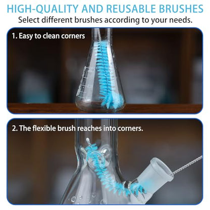 Glass Cleaning Kit with Reusable Silicone Accessories-Complete Set of Cleaning & Storage Tools for Easy Glassware Care, Reusable Microfiber Towel & Soaker Bag, Brushes, Mat, Caps Funnel & Plugs