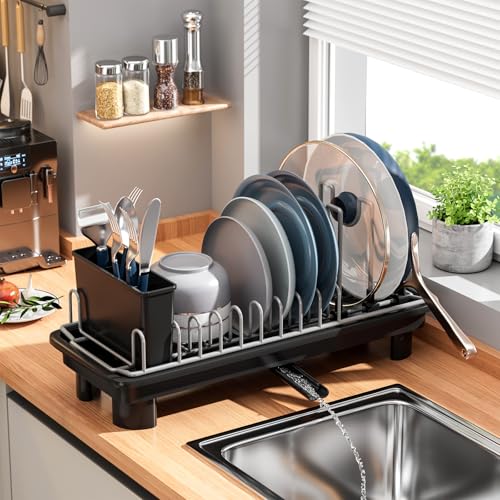 Small Dish Drying Rack, Stainless Steel with Drain Board & Utensil Holder - color: Black