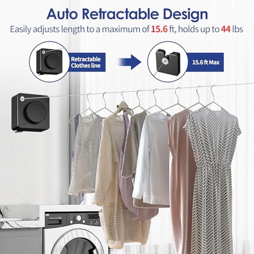 Retractable Clothesline Indoor, Non-Sagging Clothes Line Retracting Outdoors,15.6Ft Heavy Duty Clothes Drying Laundry Line, Wall Mounted Clothesline (Black) - color: Black-15.6ft