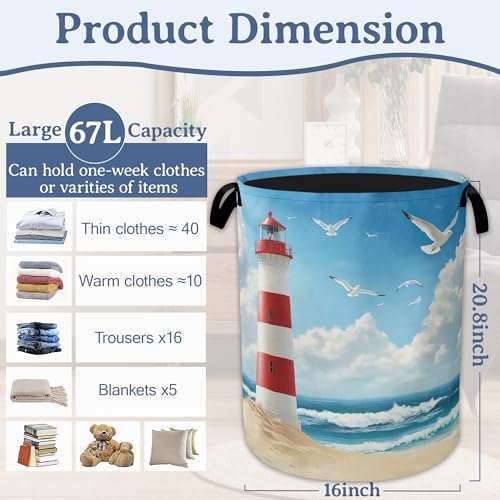 Lighthouse On The Beach Laundry Basket,Foldable Oxford Cloth Laundry Hamper With Handle, 20.8"x16" Portable Clothes Storage Basket Bag for Laundry Room/Bathroom/Bedroom/Dormitories - color: Lighthouse On The Beach