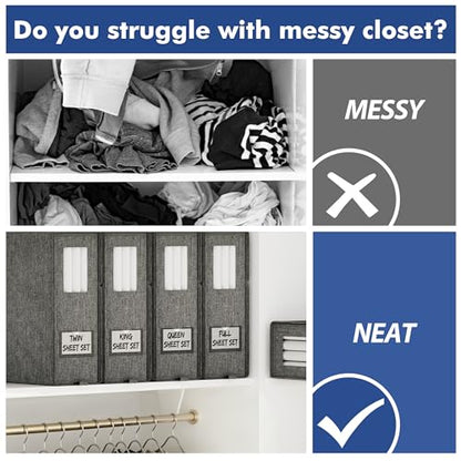 Furnhome Bed Sheet Organizers and Storage 3 Pack, Foldable Linen Closet Organizer Box with Clear Window, Labels & Reinforced Handles, Stackable Space Saving Bedding Storage for King Queen Sheet Set - size: 3 Pack