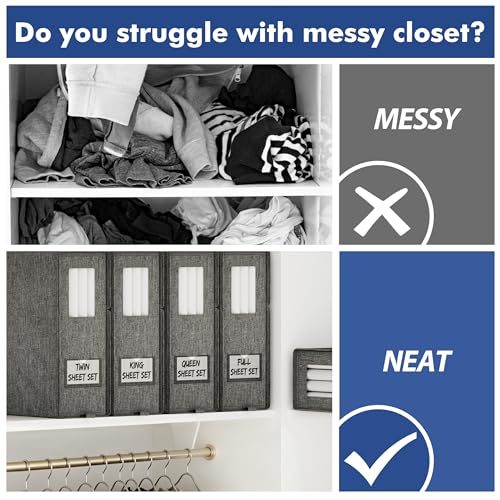 Furnhome Bed Sheet Organizers and Storage 4 Pack for Linen Closet, Foldable Sheet Set Holder with Window & Labels, Stackable Bedding Storage Boxes for Sheets, Duvet Covers, Blankets - size: 4 Pack