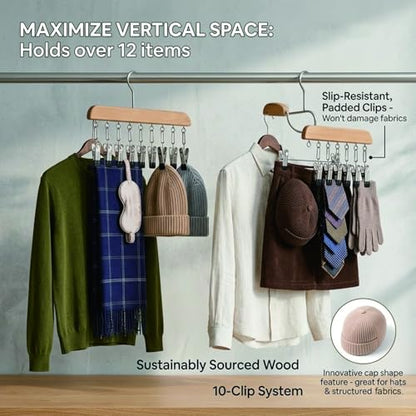 Multi-Functional Closet Organizer with 10 Clips, Space Saving Wooden Hanger for Pants, Leggings, Skirts, Scarves, Hats, Tanks, Socks (2Pcs, Wood) - color: Wood