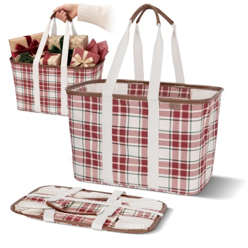 CleverMade Collapsible Tote LUXE, 30L Structured Tote Bag with Handles - color: Red Checker