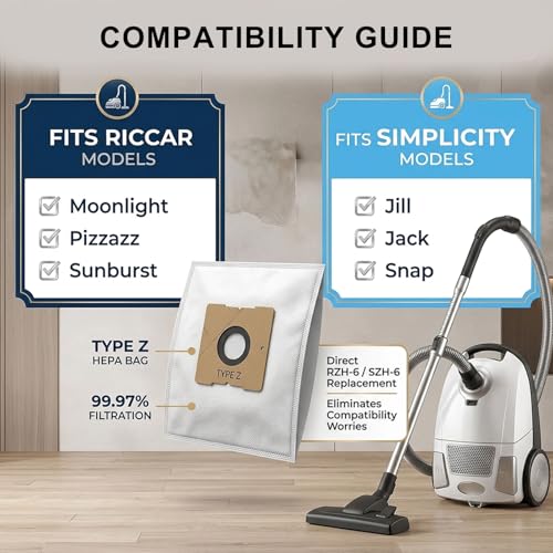 10 Pack Type Z HEPA Vacuum Bags Compatible with Riccar Moonlight, Pizzazz, Sunburst & Simplicity Jill, Jack, Snap Canister Vacuums, Replaces Part RZH-6 / SZH-6
