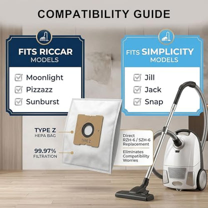 10 Pack Type Z HEPA Vacuum Bags Compatible with Riccar Moonlight, Pizzazz, Sunburst & Simplicity Jill, Jack, Snap Canister Vacuums, Replaces Part RZH-6 / SZH-6