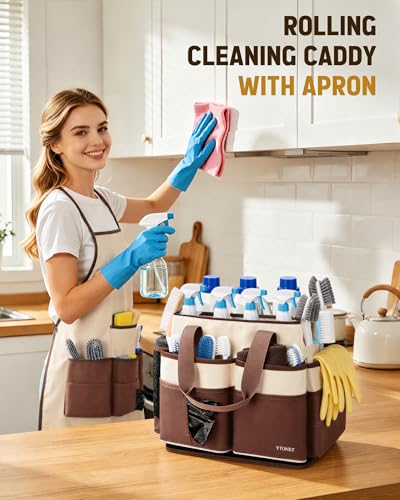 Ytonet Cleaning Caddy with 4 Spinner Wheels, Rolling Cleaning Caddy Bag - color: Beige Brown
