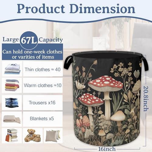 Red Mushrooms Laundry Basket,Foldable Waterproof Oxford Cloth Tote Bag Wildflower Plant Berries Laundry Hamper with Handles,20.8"x16" Clothes Storage Bucket Organizer for Laundry Room Bathroom Bedroom - color: Red Mushrooms Wildflower Plant Berries