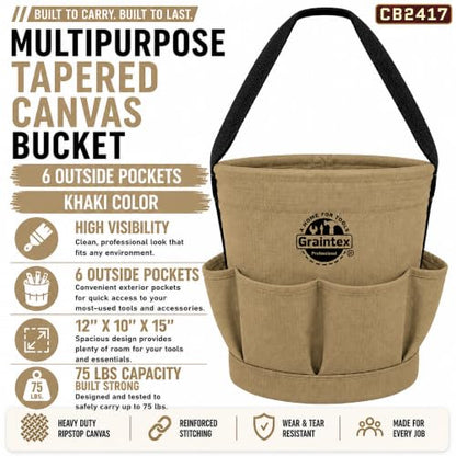 Graintex Tapered Canvas Bucket 12"x10"x15", Utility Tool Bucket 6 Pockets Outside, Reinforced Base & Carry Handle, Ripstop Canvas, Multi-Purpose Bag for Jobsite & Home Use - color: Khaki