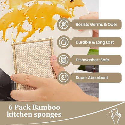 Bamboo Dish Sponge Natural Kitchen Scrub Sponges-Beige,6 Pack - color: 6 Pack