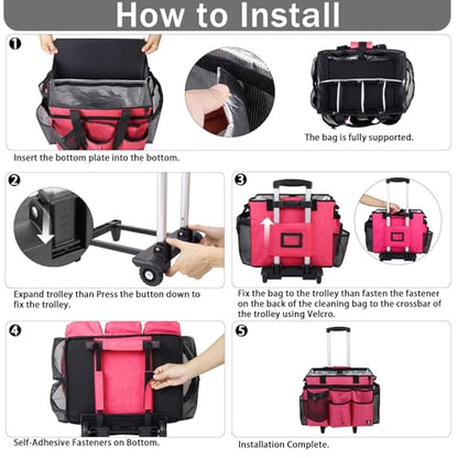 Rolling Cleaning Caddy Bag Built-in Hard Plastic Sheet Detachable Trolley - color: Rose Red
