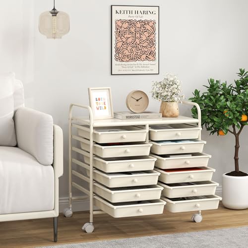 Giantex 12 Drawers Rolling Cart, Mobile Storage Drawer Cart, Classroom Organizer Cart for Office School Supplies Tools Scrapbook Paper Craft Small Printer, Utility Cart on Wheels, White - color: White, size: 12 Drawer-25”x15”x24.5”