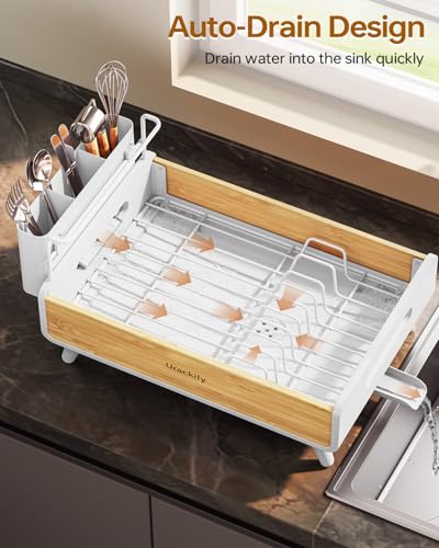 Urackify Bamboo Dish Drying Rack for Kitchen Counter, Stainless Steel,White - color: White, size: 1 Tier