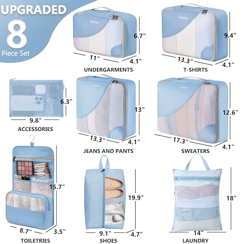 OlarHike 8 Set Packing Cubes for Travel,Gifts for Women Mom,Anti-Tearing Suitcase Organizer,with Over 1000 pcs Mesh Holes,Vacation Essentials & Accessories for Cruise Ship - color: 07 Light Blue