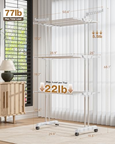 Bigzzia Clothes Drying Rack Folding with Wheels Drying Rack Clothing Clothes Horses Rack Stainless Steel Laundry Drying Rack with Two Side Wings 4 Tier Grey White - color: Grey White