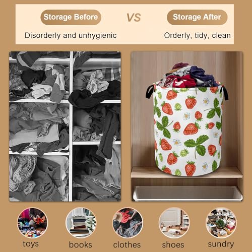 Strawberry Laundry Hamper,Collapsible Laundry Baskets,Flowers Leaf Dirty Clothes Baskets with Handles,Oxford Cloth Hamper for Bedroom,Bathroom,College Dorms, 16"x20" - color: Strawberry,Flowers Leaf