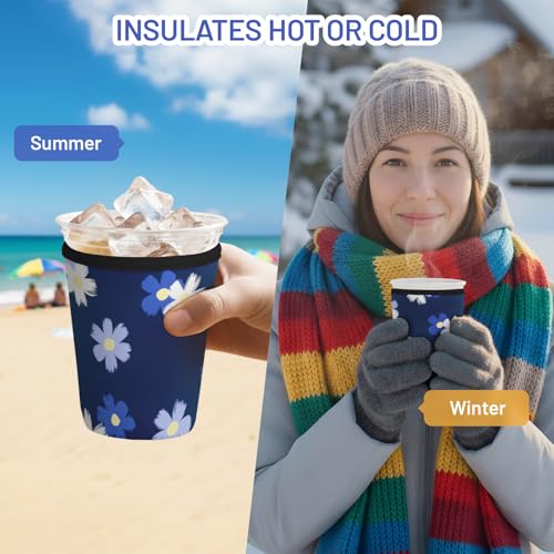 Iced Coffee Sleeve Reusable Neoprene Cup Sleeves, White Floral - color: Blue White Floral
