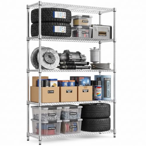 IZEUK 5-Tier Garage Shelving Unit, Heavy Duty Metal Wire Shelving - color: Chrome, size: 5 Tier, 15.7" D*45.3" W*70.4" H