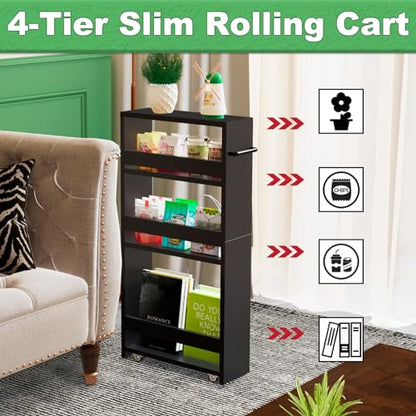 MARTY Slim Rolling Storage Cart, Wood Utility Kitchen Bathroom Laundry Cart - color: All Black, size: 5.51"D x 15.75"W x 31.5"H