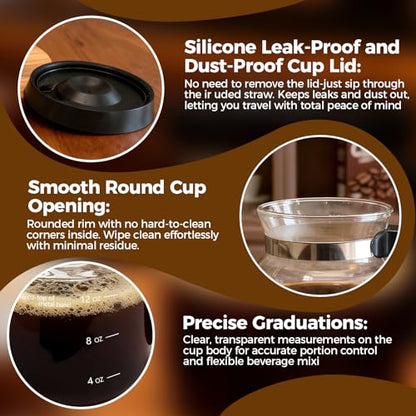 16 Oz Glass Coffee Pot Mug, Heat Resistant Clear Cup with Handle & Spill-proof Lid, Large Capacity Ultra Portable Travel Office Mug, Comes with Straw & Cleaning Brush, Ideal Gift for Coffee Lovers