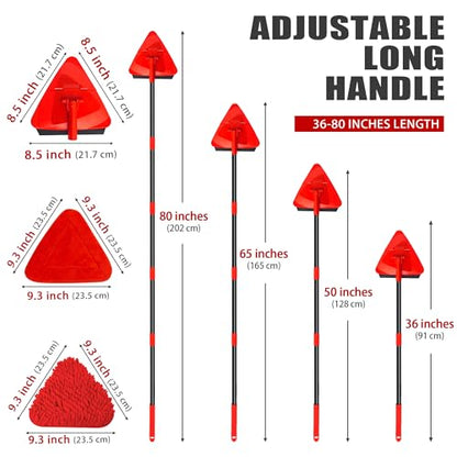 NEWE Wall Mop Cleaner, 80 inches Long Handle, 180° Folding Ceiling Cleaning Tool with Squeegee for Washing Painted Walls, Triangle Baseboard Scrubber with 3 Chenille Duster and 3 Microfiber Pads (Red) - color: Red