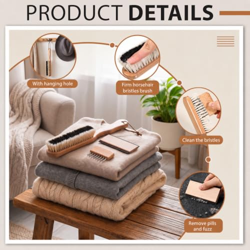 3 Pcs Clothes Brush Set Includes Garment Brush, Cleaning Comb and Lint Remover, Clothes Brushes Comb for Suit Coat Sweaters Suit and Silk, Black & White Horsehair Bristle