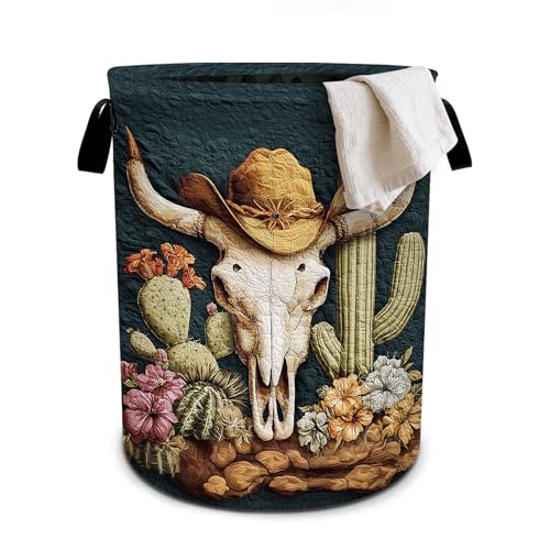 Western Cow Laundry Basket Collapsible Oxford Cloth Fabric Hamper,Tote Bag Portable Storage Bin for Bedroom Bathroom Laundry Room 19.6x15.7 Inch - color: Western Cow