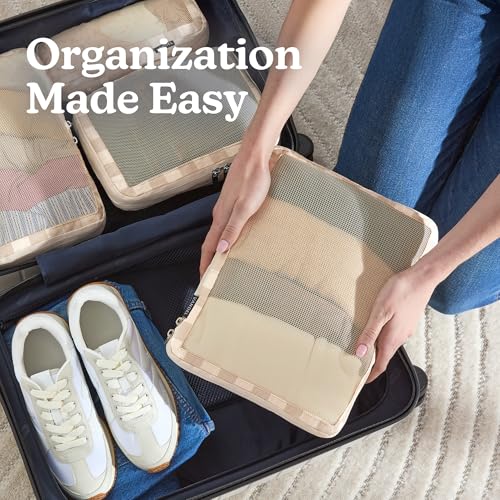 Vandel Compression Packing Cubes for Women, Set with Hanging Toiletry Bag - color: 2. Neutral Checker, size: Deluxe Set (4 Cubes + Toiletry & Laundry Bags)