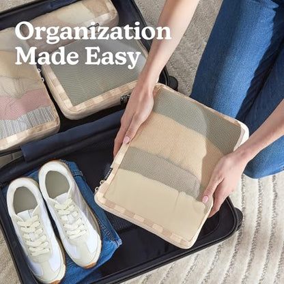Vandel Compression Packing Cubes for Women, Set with Hanging Toiletry Bag - color: 2. Neutral Checker, size: Deluxe Set (4 Cubes + Toiletry & Laundry Bags)