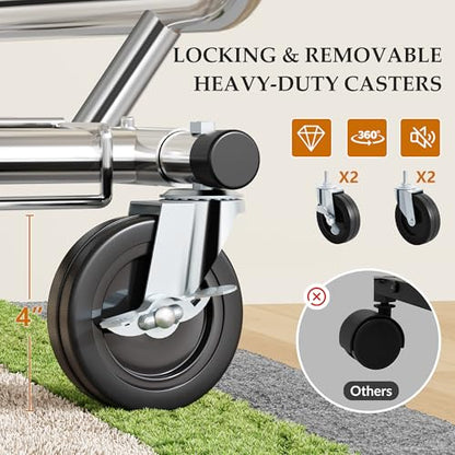 Gewudraw Clothes Rack Heavy Duty Load 900 Lbs With Wheels,Commercial,Chrome - color: Silver, style: Double Rod