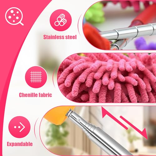 Extendable Feather Duster Telescopic Dust Remover for Home Office Car Furniture High Ceiling Cleaning Multi Purpose Tool(Rose Red,Long Head) - color: Rose Red, size: 11.0 in