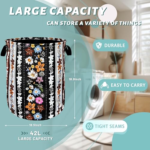 Boho Flowers Laundry Basket Oxford Cloth Foldable Hamper 18.9x16.5 Inch - color: Boho Stripe Of Colorful Flowers