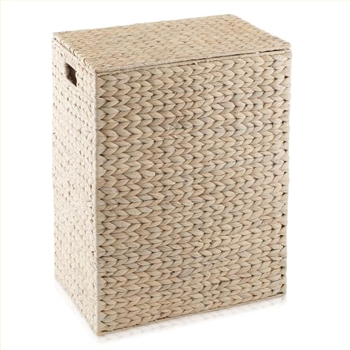 Casafield Large Laundry Hamper with Lid and Removable Liner Bag - Whitewash White, Woven Water Hyacinth Rectangular Laundry Basket Clothes Sorter - color: Whitewash