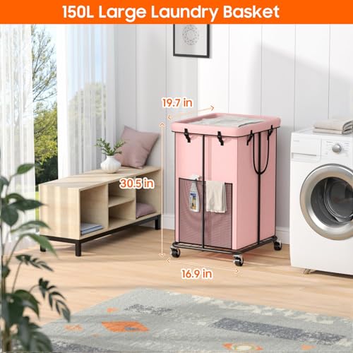Laundry Hamper with Wheels, 150L Rolling Laundry Basket with Bag & Handles - color: Pink, size: 40GAL