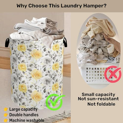 Yellow Gray Flowers Large Clothes Hamper Bag - Laundry Basket with Handles, Space Saving Foldable Design for Nursery - color: Yellow Gray Flowers