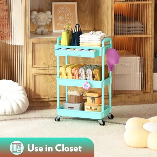SUNALLY Makeup Cart Organizer with Drawer, 3 Tier Rolling Makeup Cart, Blue - color: Blue, size: 3 Tier