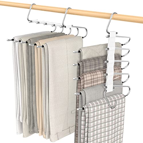 Loretoy 2 Pack Pants Hangers Space Saving, Anti-Slip Multi-Functional Pants Rack, Thickened Stainless Steel Tube with 10 Metal Clips, Two Hanging Modes Suitable for Jeans Trousers Skirts Scarf-White - color: White, size: 2 Pack