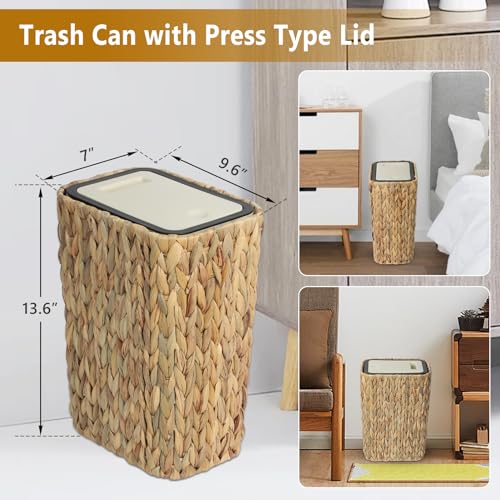 Trongee Boho Trash Can with Lid for Bathroom,2.6 Gallon Small Rattan Garbage Can with Press Top Lid,Woven Wastebasket and Hamper 2 in 1 Wicker Trash Basket for Bathroom,Kitchen,Living Room,Bedroom - color: Water Hyacinth