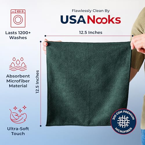 USANOOKS Premium 300GSM Microfiber Cleaning Cloth - 12.5"x12.5" High Performance - 1200 Washes, Ultra Absorbent Microfiber Towels for Cars Undercarriage, Rims & Engine Bay Cleaning - Microfiber Cloth - color: Dark Green, size: 12.5" x 12.5" (50 pack)