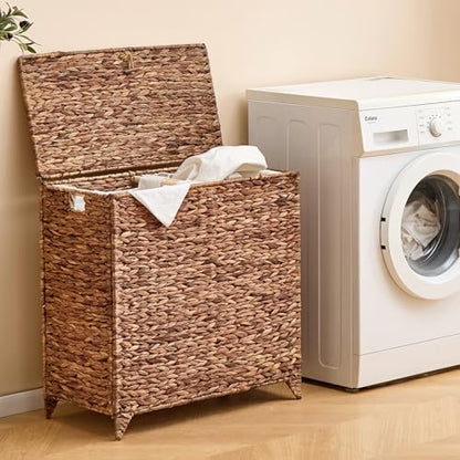 Large Laundry Hamper with Lid and 2 Removable Liner Bags, Natural Handwove Water Hyacinth Clothes Hamper,Wicker Laundry Basket, Foldable, Heightened Feet,Rattan Clothes Laundry Basket - color: Espresso, size: 120L