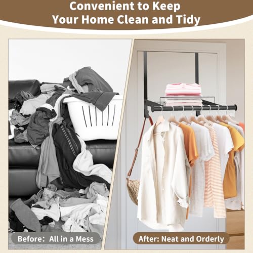 Over The Door Hanger with Storage Rack and 2 Hooks, Metal Over The Door Hanger for Clothes, Clothing Rod Drying Racks for Laundry, Bedroom, Bathroom, Living Room,Office,Fits Door Up to 1.77" - size: 24.8inch(L)