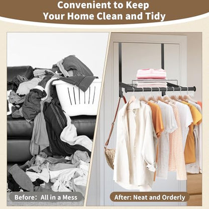 Over The Door Hanger with Storage Rack and 2 Hooks, Metal Over The Door Hanger for Clothes, Clothing Rod Drying Racks for Laundry, Bedroom, Bathroom, Living Room,Office,Fits Door Up to 1.77" - size: 24.8inch(L)