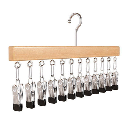Multi‑Clip Hanger with 12 Anti‑Slip Metal Clips Wood Colour - color: Wood Colour