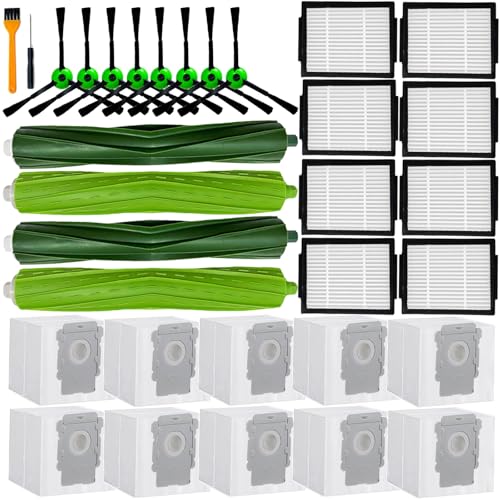Replacement Parts Accessiroes Compatible with iRobot Roomba E/i/j E5 E6 E7 i3 i3+i4 i4+ i6 i6+ i7 i7+ i5 i5 j5 j5 i2 i8 i8+/Plus Robot Vacuum 2 Set Rubber Brushes 8 Filters 8 Side Brushes 10 Bags