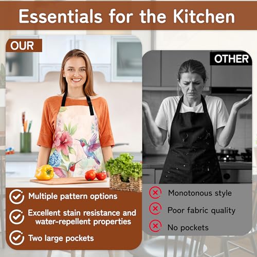 Cooking Aprons for Men and Women,Adjustable Bib Chef Apron with 2 Pockets, Soft and Durability Kitchen Apron - color: Hummingbird Pink Flower